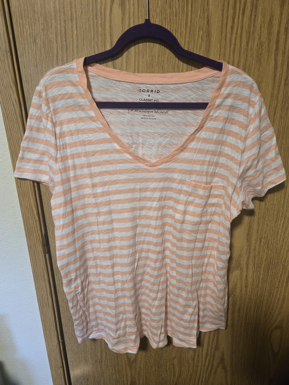 torrid Peach & White Striped V-Neck Pocket Tee